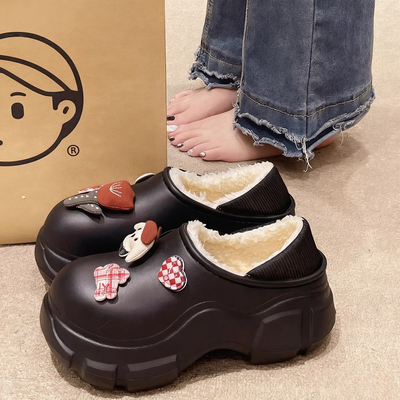 俏绘可爱玫瑰小狗厚底包跟棉拖鞋