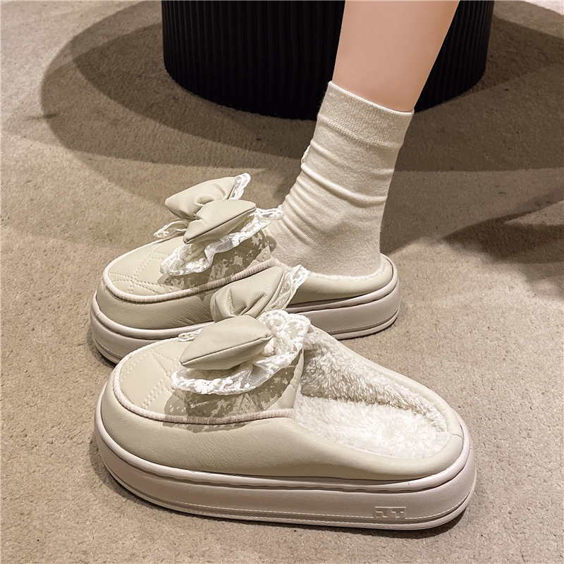 可爱蕾丝蝴蝶结防水棉拖鞋