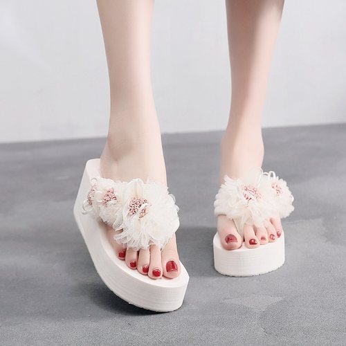 俏绘甜美花朵厚底防滑沙滩人字拖
