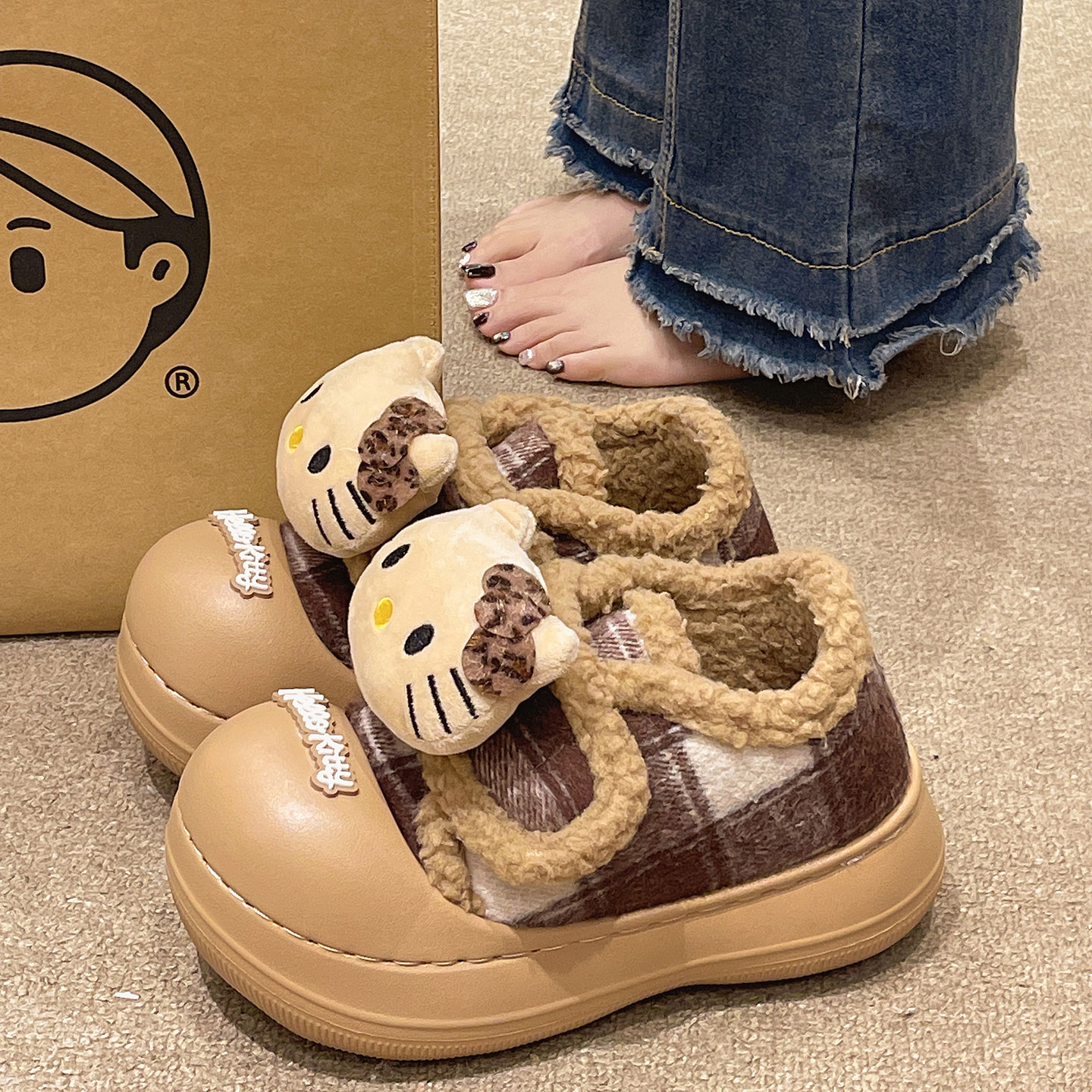 俏绘可爱KT猫咪魔术贴包跟棉鞋