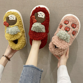家用可爱卡通月子厚底情侣居家室内保暖毛毛拖鞋 棉拖鞋 女包跟冬季