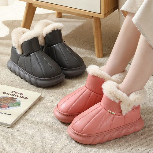 冬季高帮棉拖鞋女包跟防水PU皮室内家居外穿厚底保暖防滑月子棉鞋