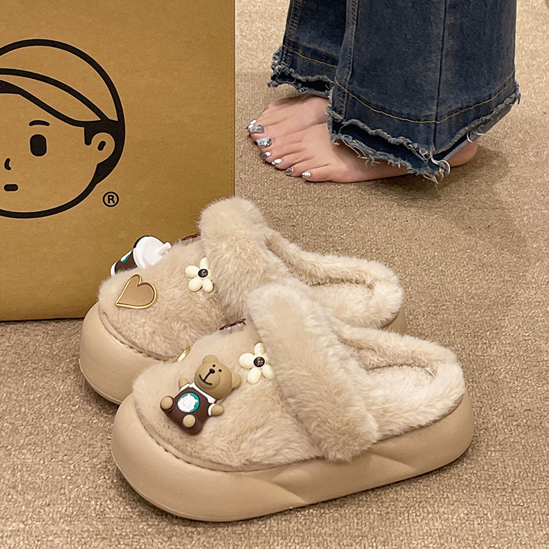 可爱咖啡小熊厚底防滑保暖棉拖鞋