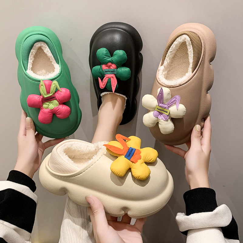 可爱花朵棉拖鞋女包跟冬季外穿2025新款网红防水厚底暖绒毛毛拖鞋