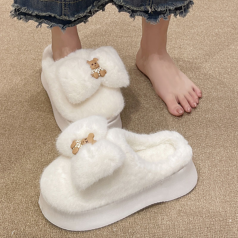 可爱小熊蝴蝶结厚底增高棉拖鞋