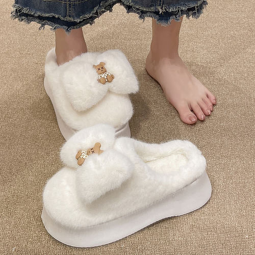 可爱小熊蝴蝶结厚底增高棉拖鞋