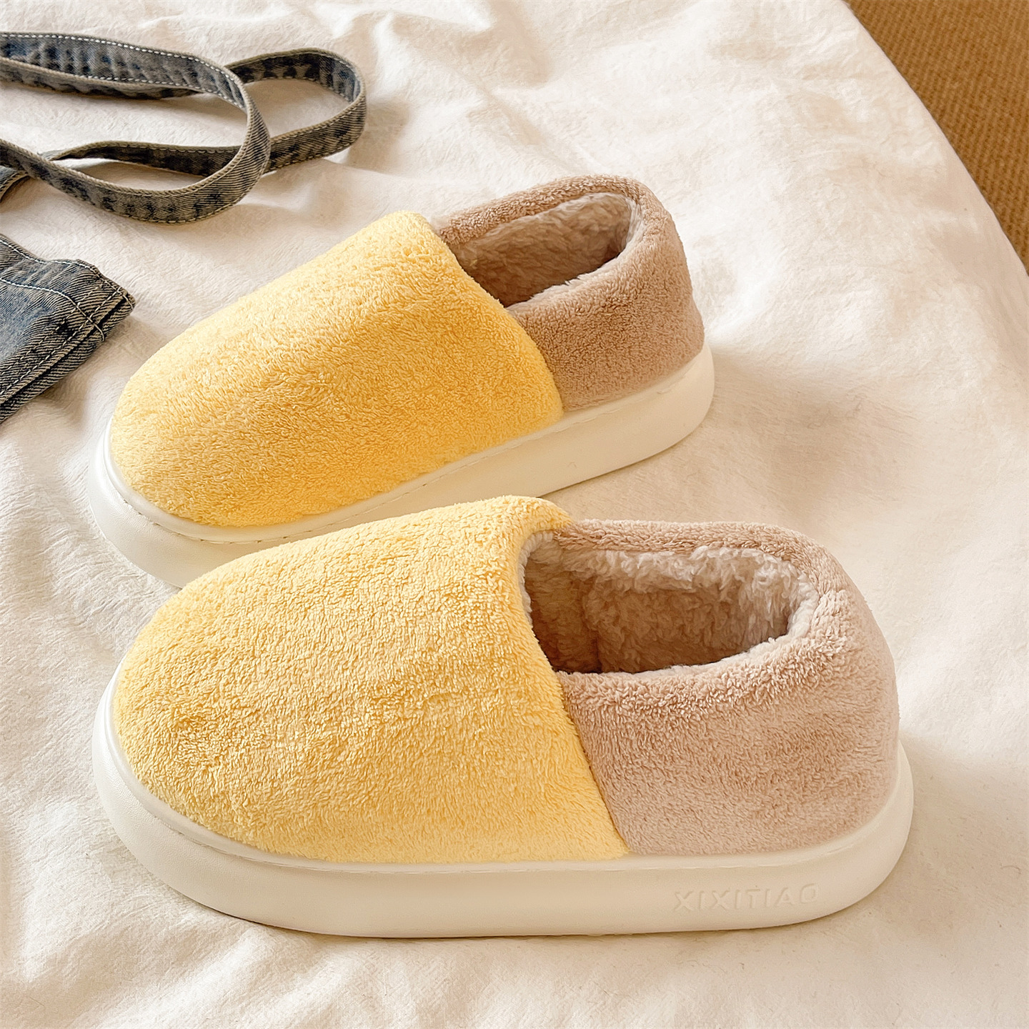 俏绘时尚拼色厚底保暖包跟棉拖鞋