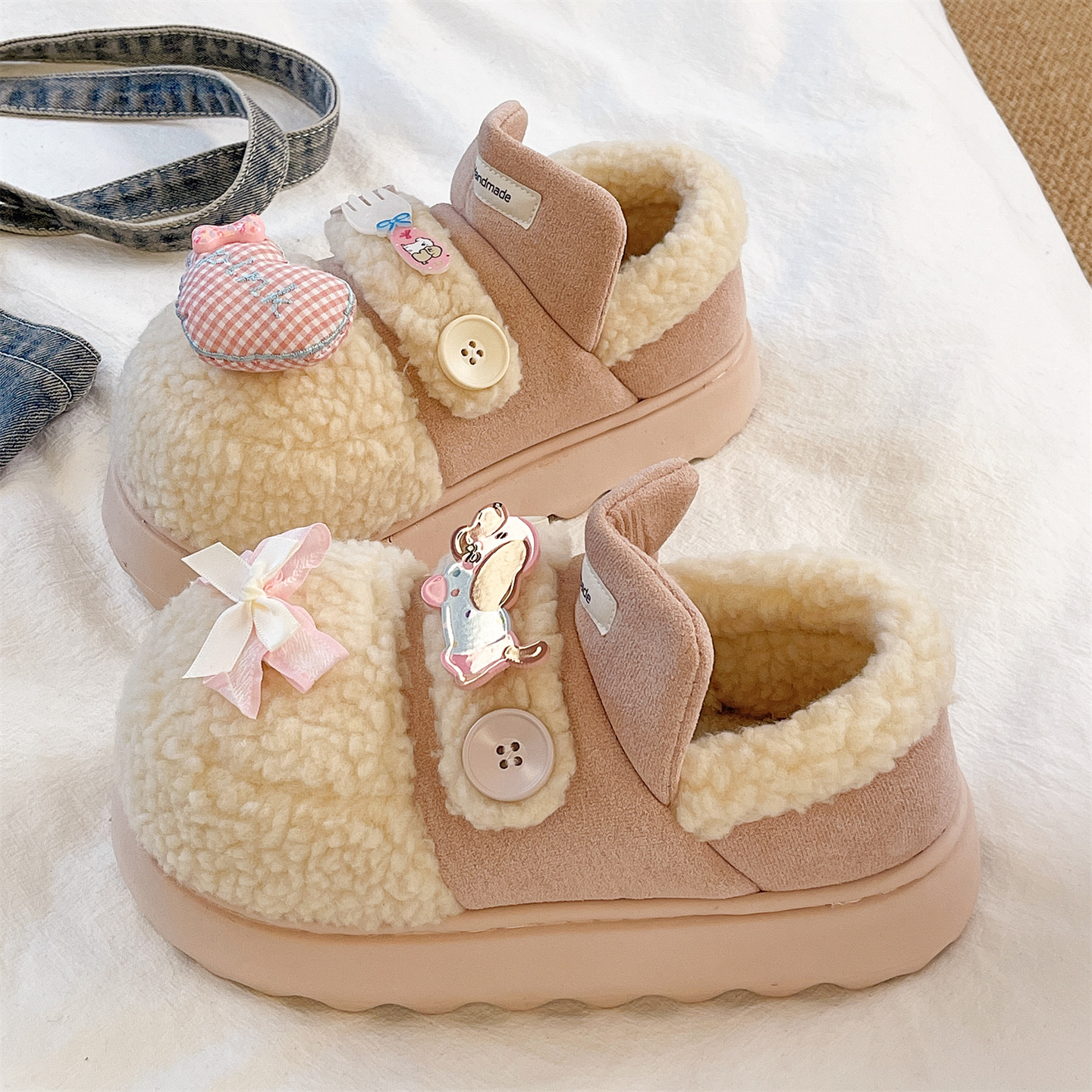 俏绘可爱爱心小狗厚底包跟棉鞋