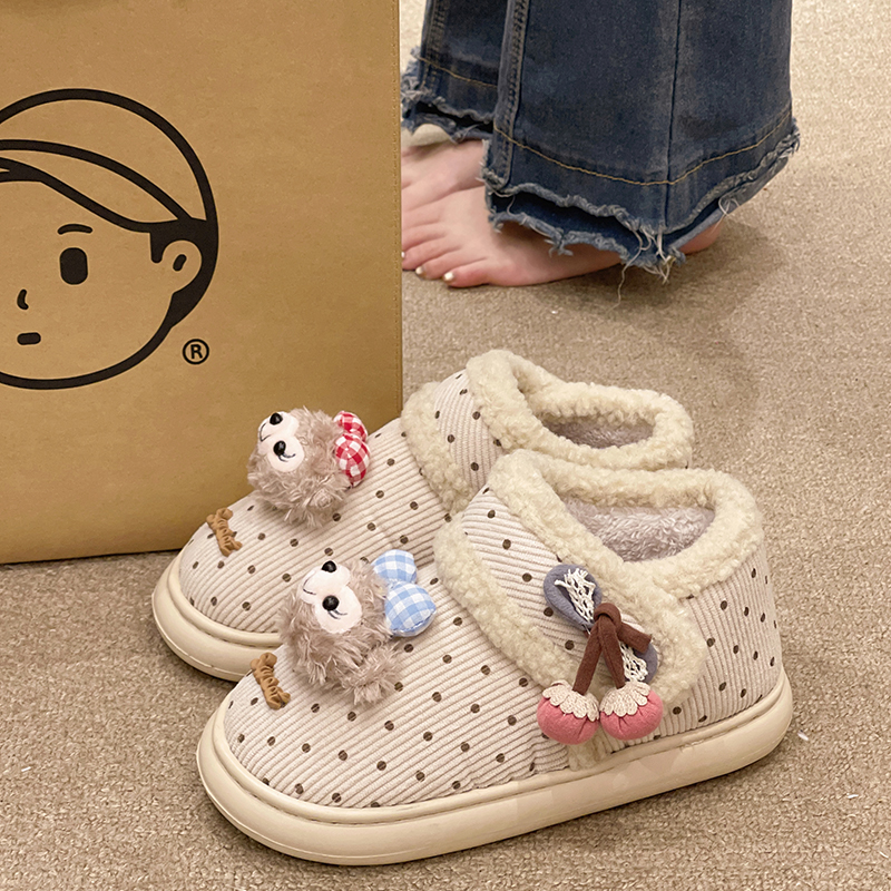 可爱波点魔术贴加绒包跟棉鞋