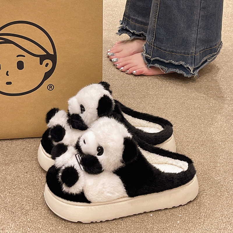 可爱熊猫毛绒保暖包头棉拖鞋