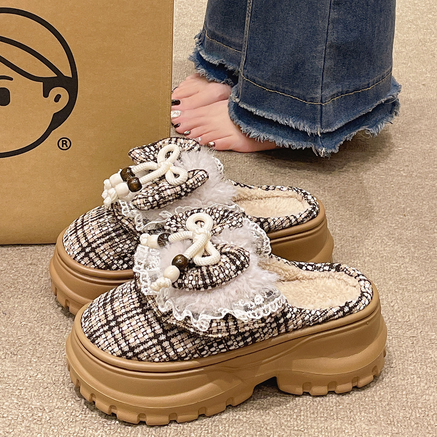 俏绘可爱蕾丝蝴蝶结厚底毛毛鞋