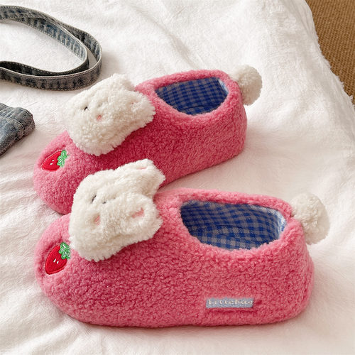 俏绘可爱草莓小狗厚底包跟棉拖鞋
