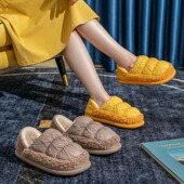 女居家室内情侣防滑厚底拖鞋 秋冬季 羽绒防水加厚毛绒保暖棉鞋 外穿