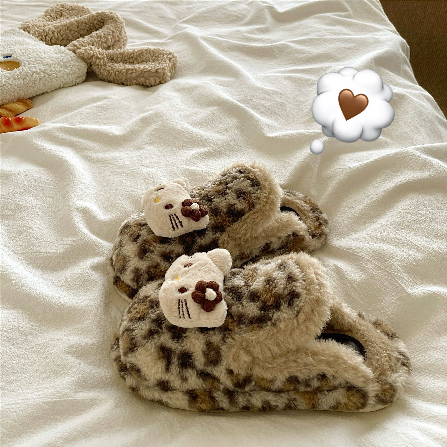 可爱豹纹猫咪毛毛拖鞋女冬季厚底防滑加绒保暖居家外穿包头棉拖鞋