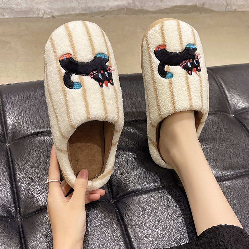 可爱猫咪条纹加绒保暖棉拖鞋