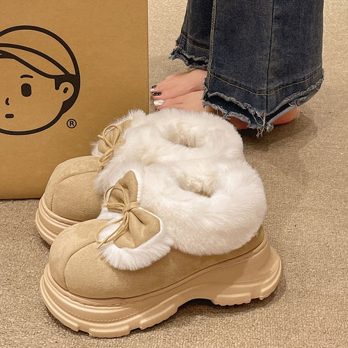 俏绘可爱蝴蝶结厚底保暖包跟棉鞋