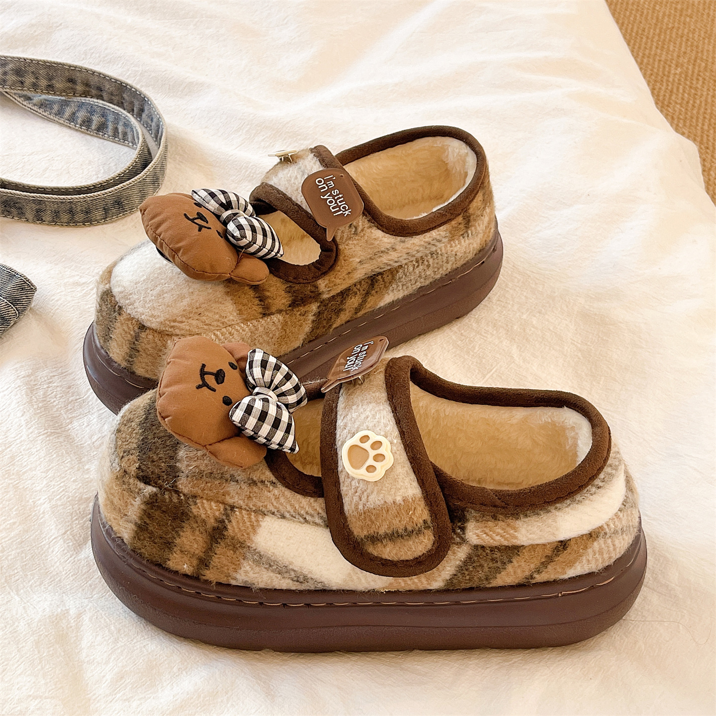 俏绘可爱蝴蝶结小熊包跟棉拖鞋