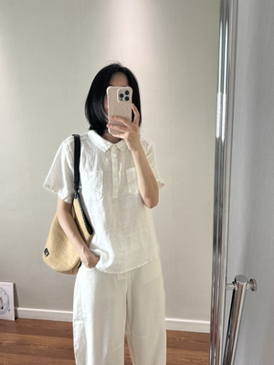 wenlustore夏季新款双口袋设计小翻领正肩纯亚麻短袖衬衫女