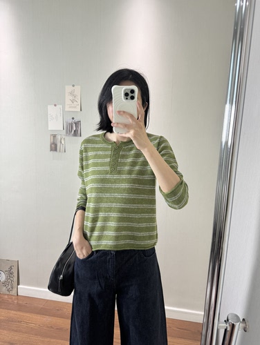 wenlustore秋季新款亨利领羊毛条纹柔软长袖针织衫毛衣外套女