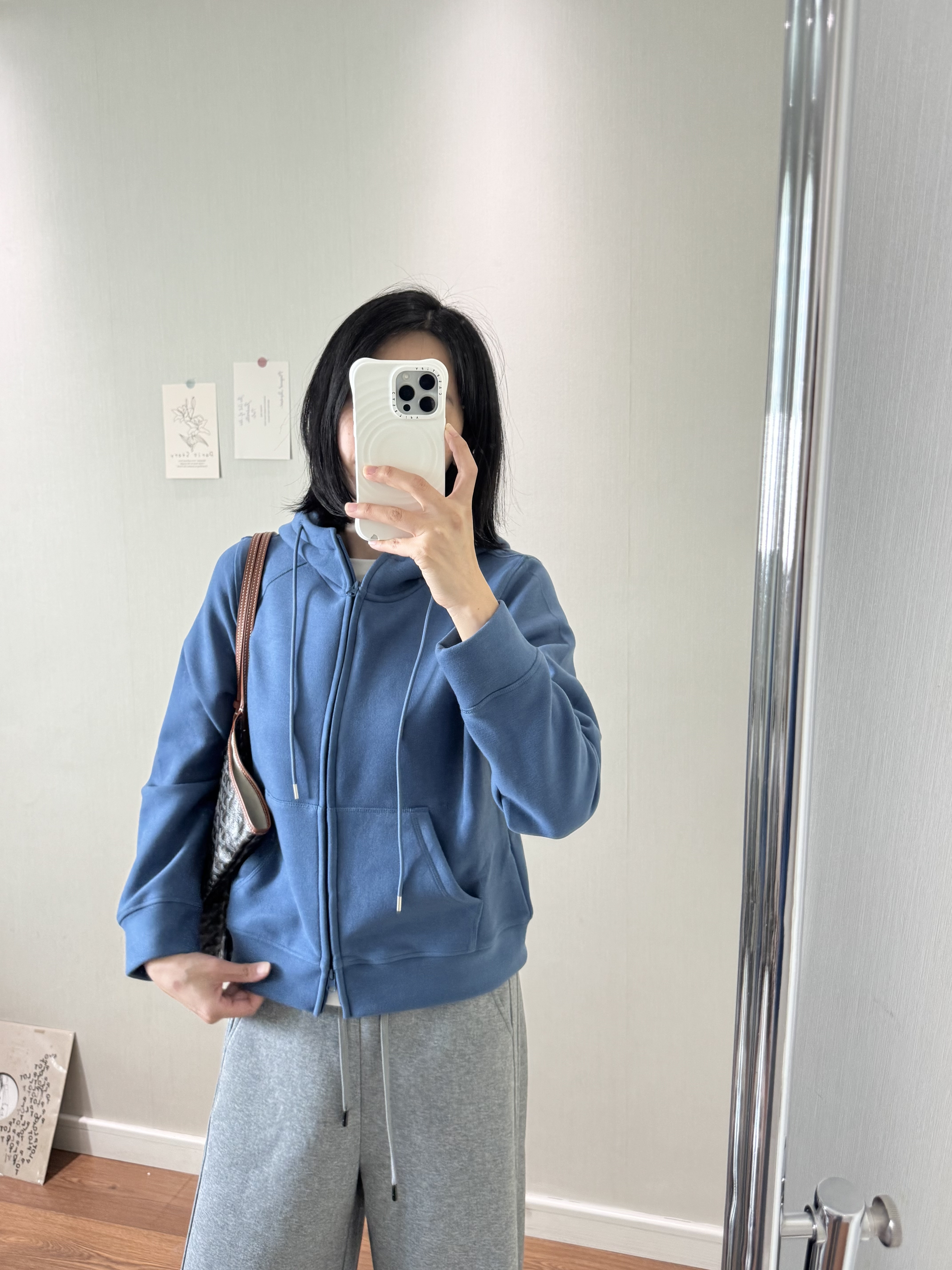 wenlustore秋季新款连帽设计蓝色双面绒宽松百搭卫衣外套女