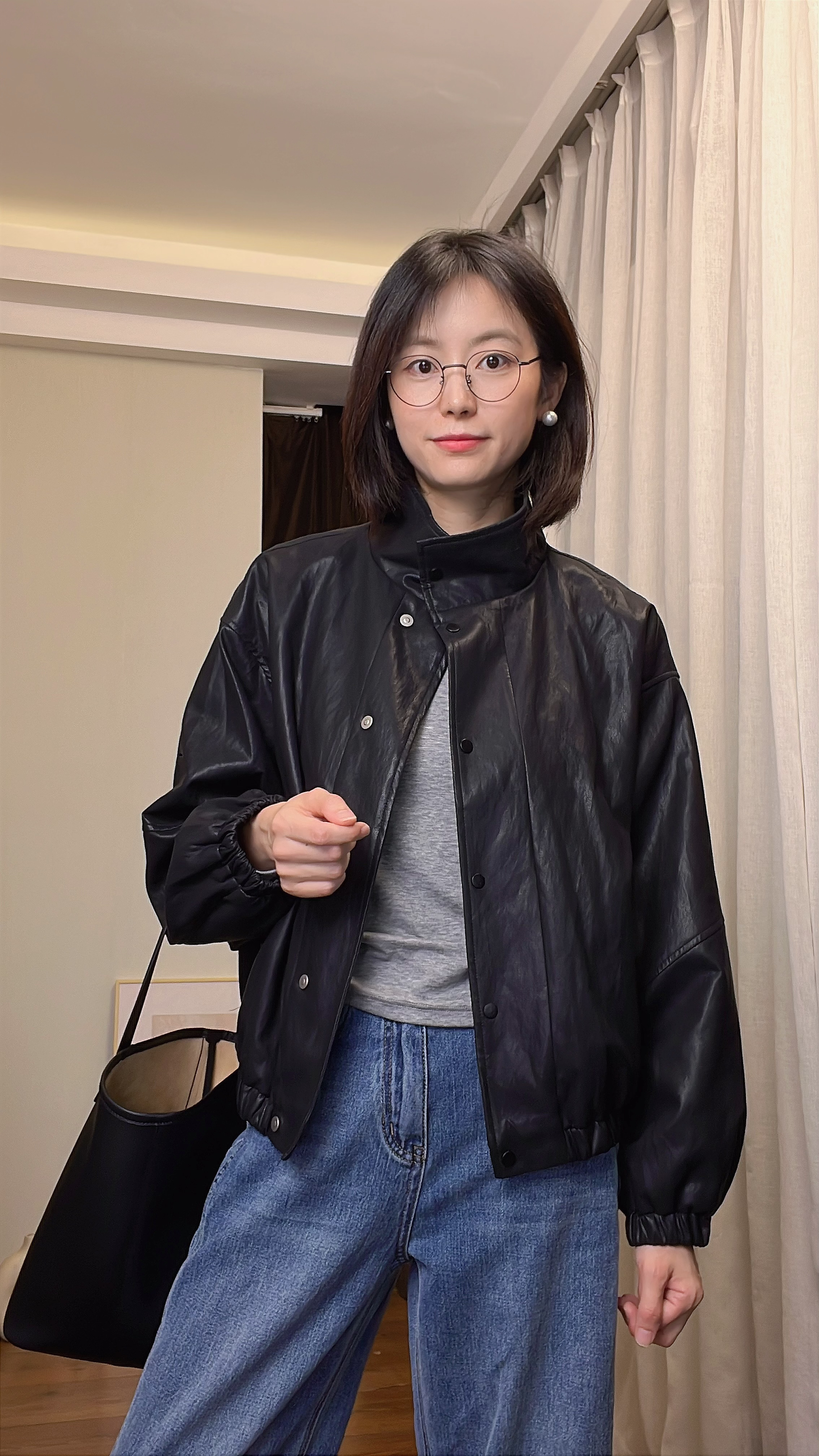 wenlustore秋季新款超柔蛋白皮内里格纹立领短款皮衣夹克外套女