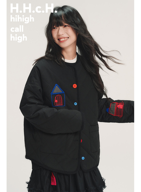 HHCH口海 AW25 彩色房子贴布立体撞色绣花彩色纽扣薄棉服女冬棉衣