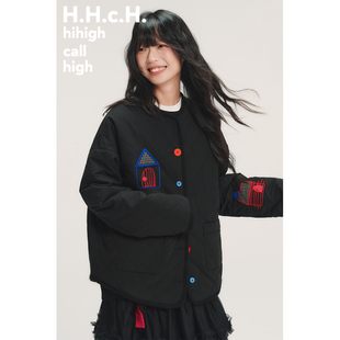HHCH口海 彩色房子贴布立体撞色绣花彩色纽扣薄棉服女冬棉衣 AW25