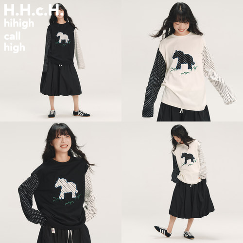 HHCH口海 SS26 小马贴布绣波点撞色拼接圆领宽松长袖T恤