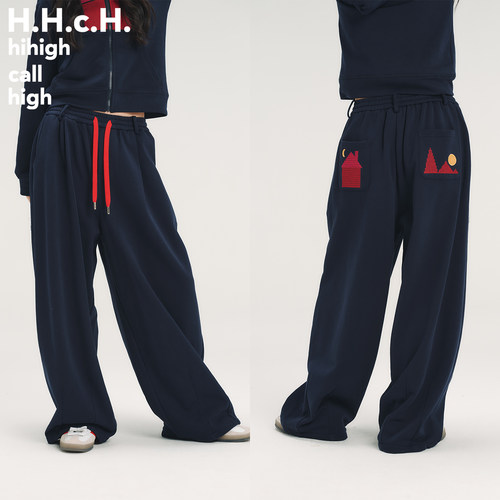HHCH口海 AW26 风景图案撞色绣花毛圈料松紧腰宽松休闲长裤香蕉裤