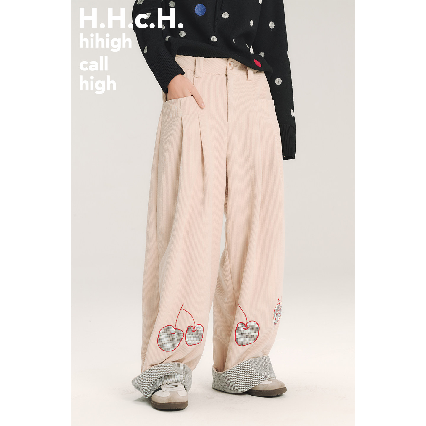 HHCH口海 AW25 手绘水果撞色格纹贴布绣拼接直筒宽松灯芯绒长裤