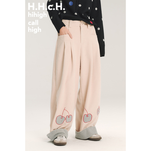 手绘水果撞色格纹贴布绣拼接直筒宽松灯芯绒长裤 HHCH口海 AW25