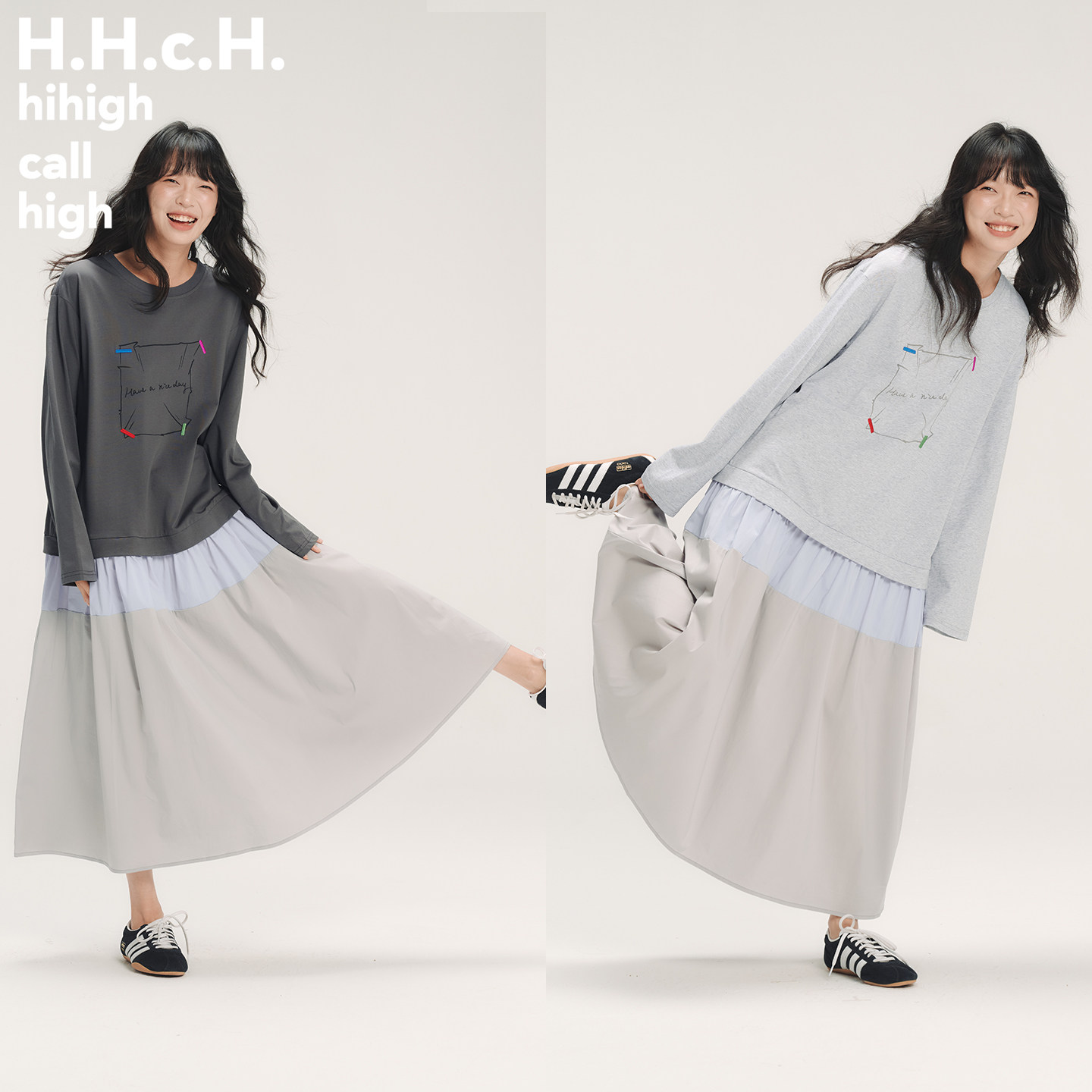 HHCH口海 SS26 手绘字条图案印花撞色拼接长袖T恤中长款连衣裙