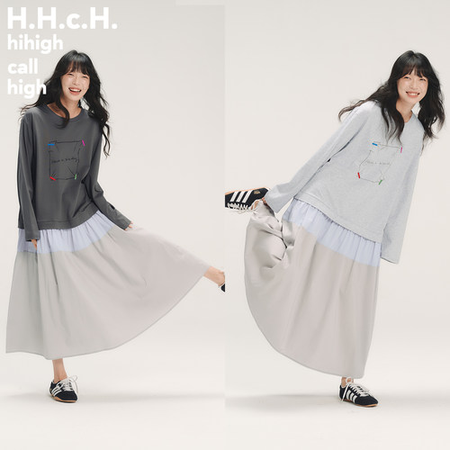 HHCH口海 SS26 手绘字条图案印花撞色拼接长袖T恤中长款连衣裙