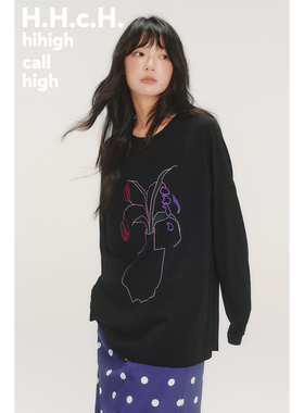 HHCH口海 AW25 手绘花朵盆栽撞色绣花黑色插肩袖长袖T恤
