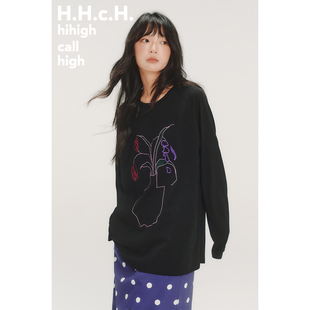 长袖 手绘花朵盆栽撞色绣花黑色插肩袖 T恤 AW25 HHCH口海