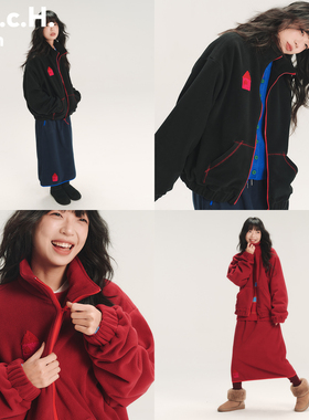 HHCH口海 AW25 小房子立体绣花撞色拉链摇粒绒外套上衣