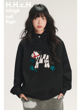 HHCH口海 SS26 马年撞色贴布立体绣花小马连帽宽松黑色卫衣
