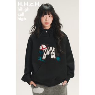 HHCH口海 SS26 马年撞色贴布立体绣花小马连帽宽松黑色卫衣