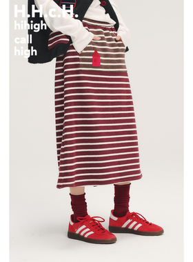 HHCH口海 AW25 彩色小房子立体绣花撞色条纹拼接松紧腰加绒半身裙