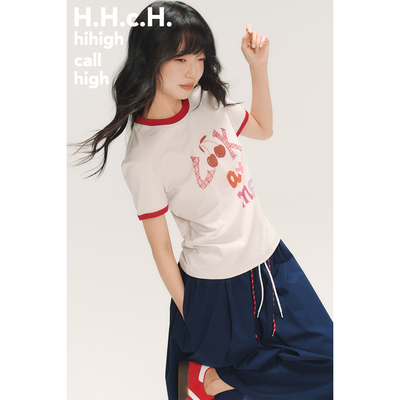 HHCH口海 SS26 手绘英文字母印花撞色圆领拼接正肩直筒短袖T恤