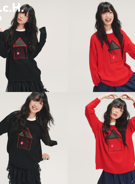 HHCH口海 AW25 手绘小房子撞色格纹贴布绣羊毛混纺针织衫毛衣