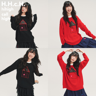 毛衣 手绘小房子撞色格纹贴布绣羊毛混纺针织衫 HHCH口海 AW25