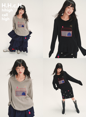 HHCH口海 AW25 手绘房子撞色格纹贴布绣小翻领羊毛混纺双色毛衣