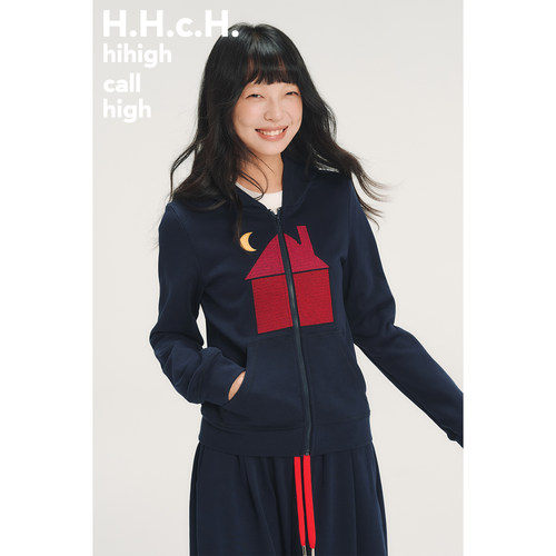 HHCH口海 AW26 “房子和月亮”绣花藏青色正肩连帽卫衣开衫外套