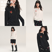 HHCH口海 针织毛衣打底衫 AW25 樱桃表情绣花羊毛混纺黑白色薄款