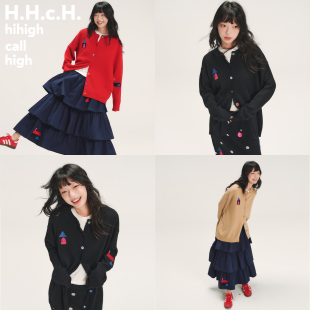 手绘彩色房子绣花宽松三色针织毛衣开衫 HHCH口海 AW25