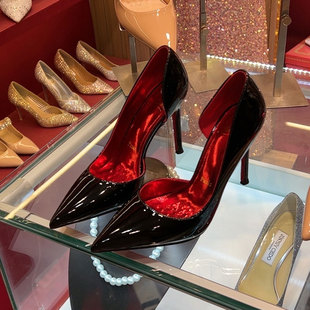 2025红底漆皮高跟鞋水钻尖头侧空浅口细跟性感单鞋黑色职业工作鞋