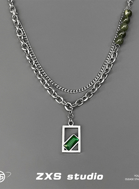 高级感方形绿宝石双层钛钢项链