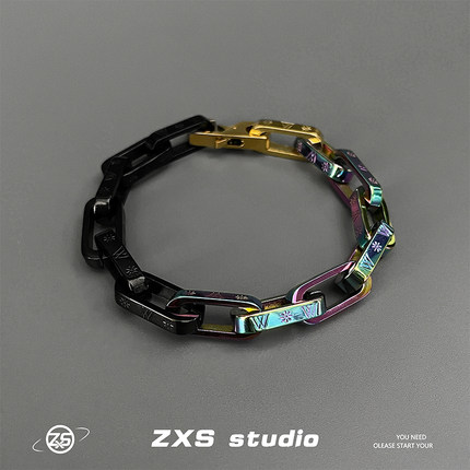 欧美街头风粗链条锁扣手链男潮个性钛钢不掉色淬火炫彩嘻哈ins女