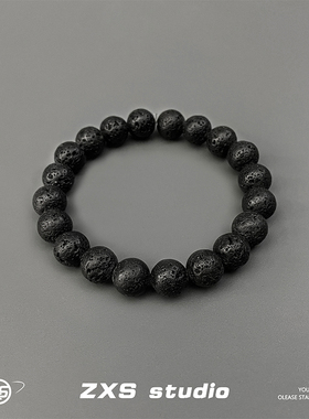 19ss火山石手链男潮个性百搭天然石手串珠子韩版学生黑曜石首饰